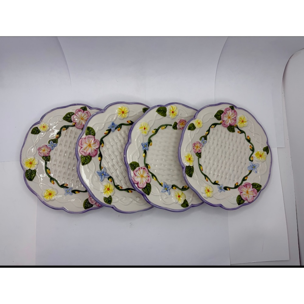 CWC Ceramic Floral Basketweave Plates Set of 4 Scalloped Purple Rim 6.25 inch